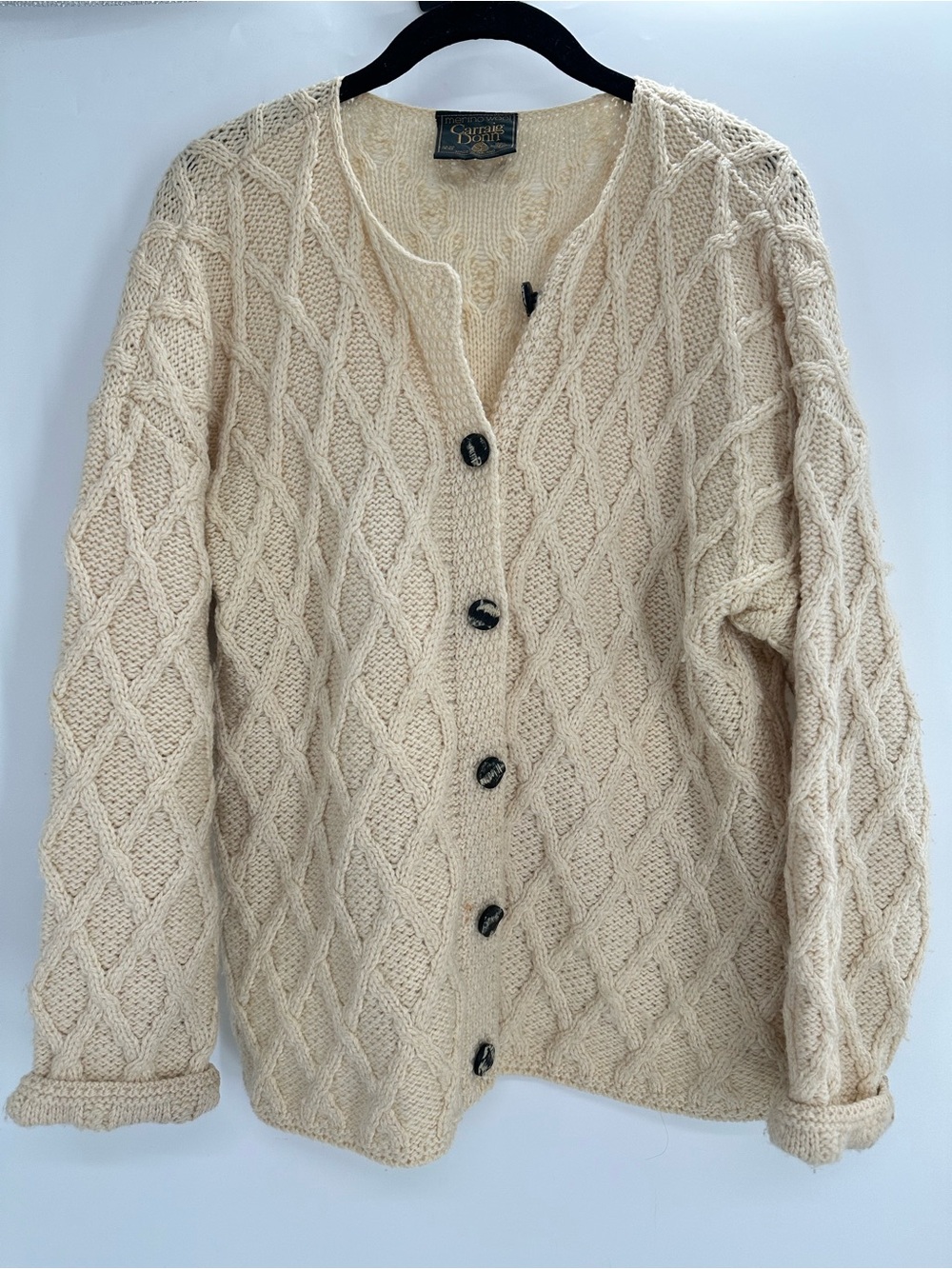 Carraig Donn Ireland 100% Merino Wool Aran Cable Knit Cardigan Sweater Cream